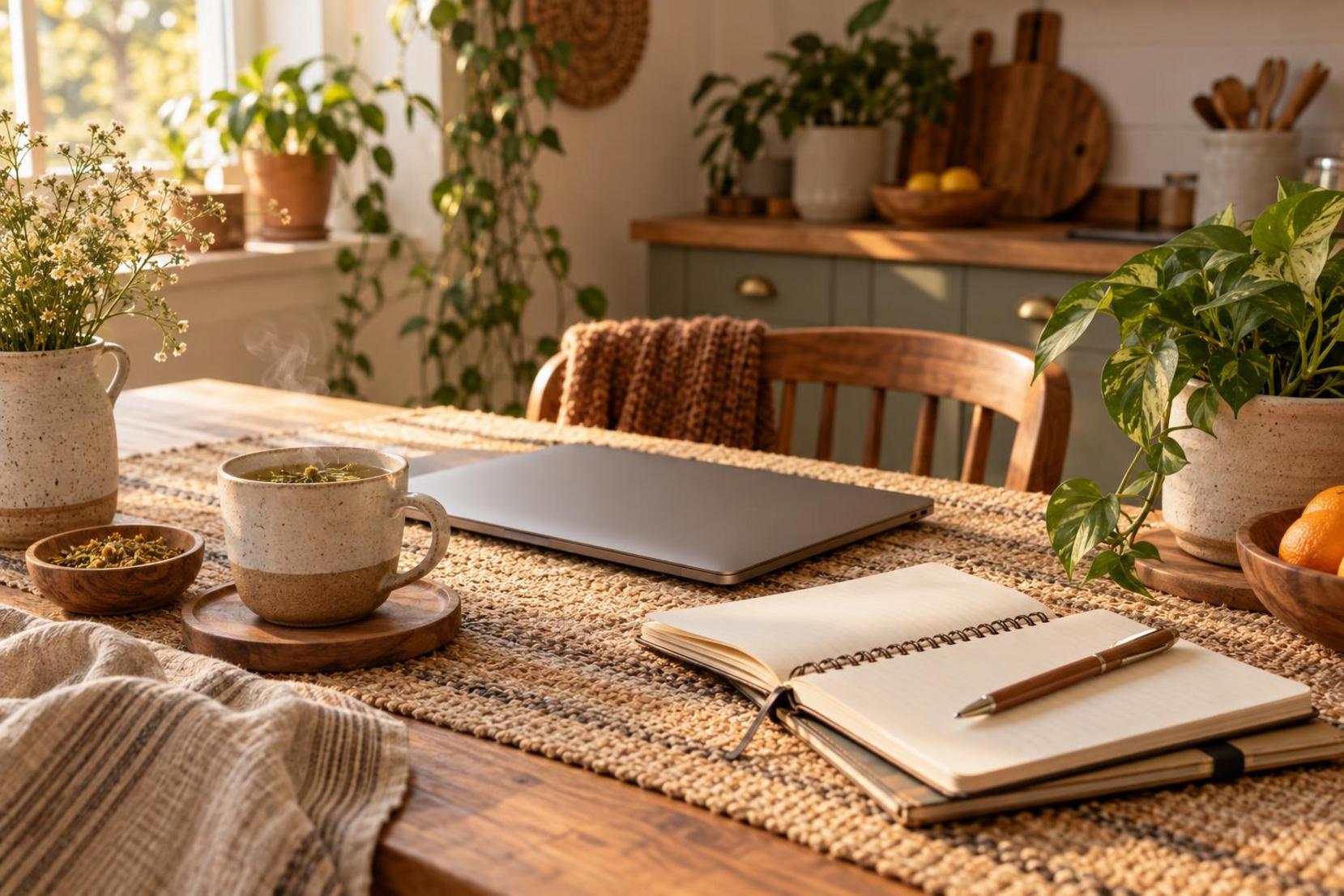 Mujer estudiando de noche en la cocina con portátil, apuntes y té