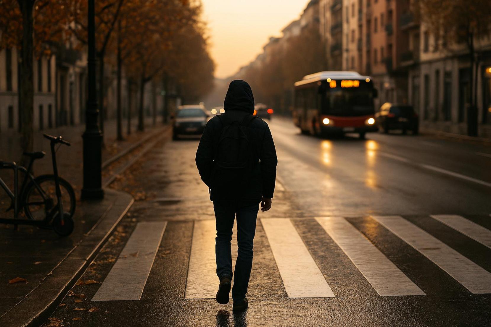 Persona caminando al trabajo junto a un paso de cebra mojado al amanecer