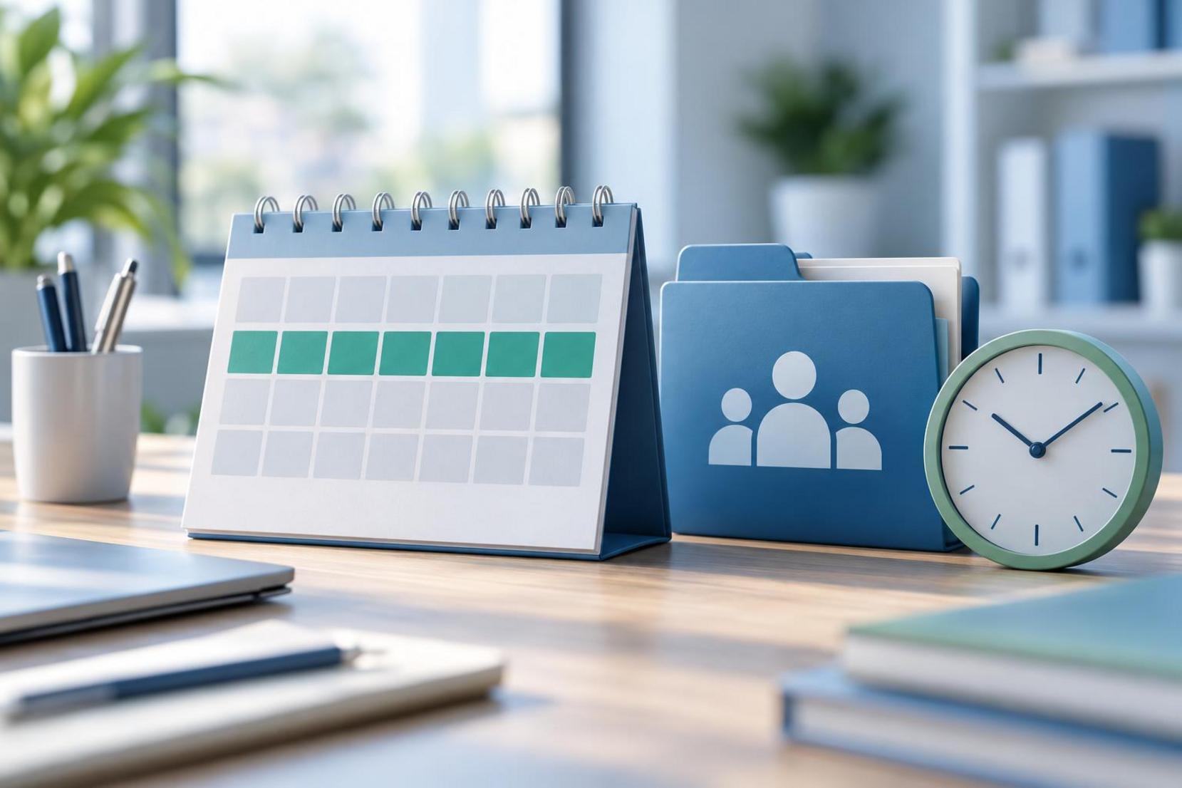 Calendario de escritorio con seis días marcados, carpeta laboral y reloj