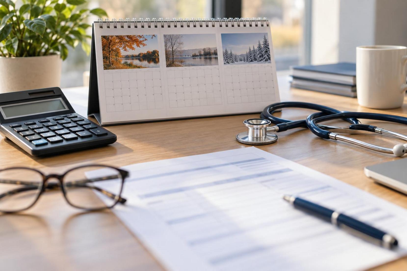 Calendario abierto, calculadora, fonendoscopio, gafas y nómina sobre mesa de oficina
