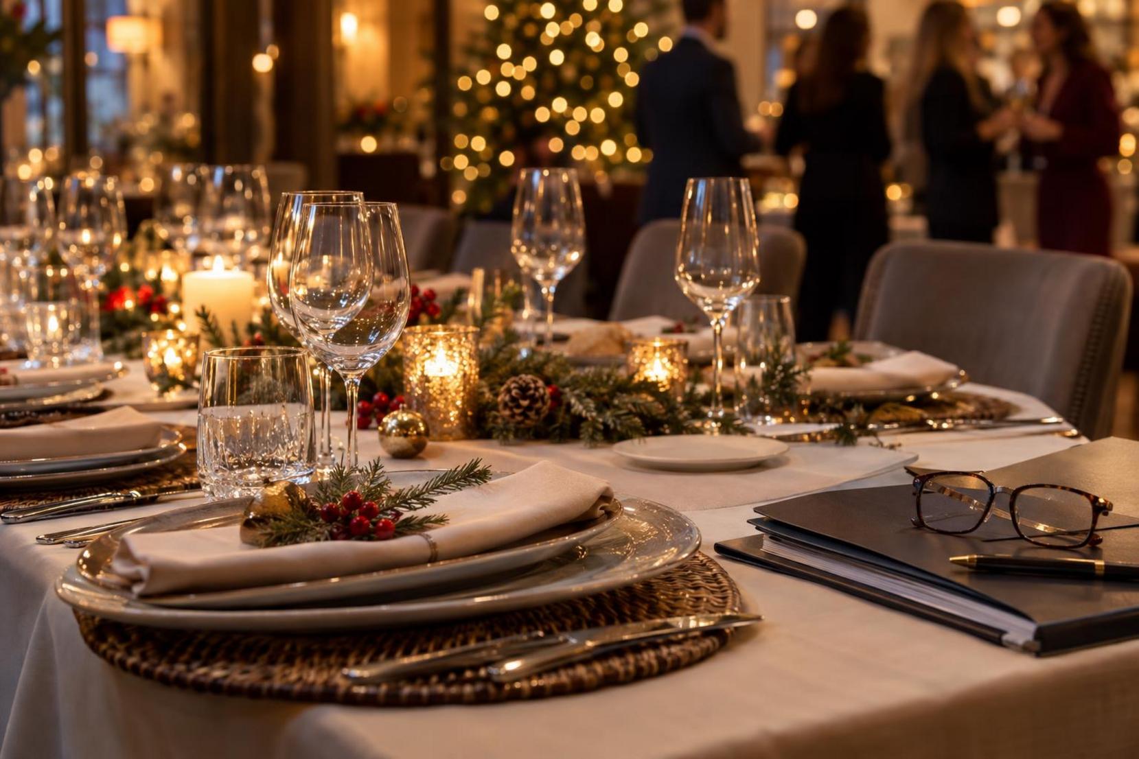 Mesa de restaurante preparada para cena de empresa con documentos y gafas