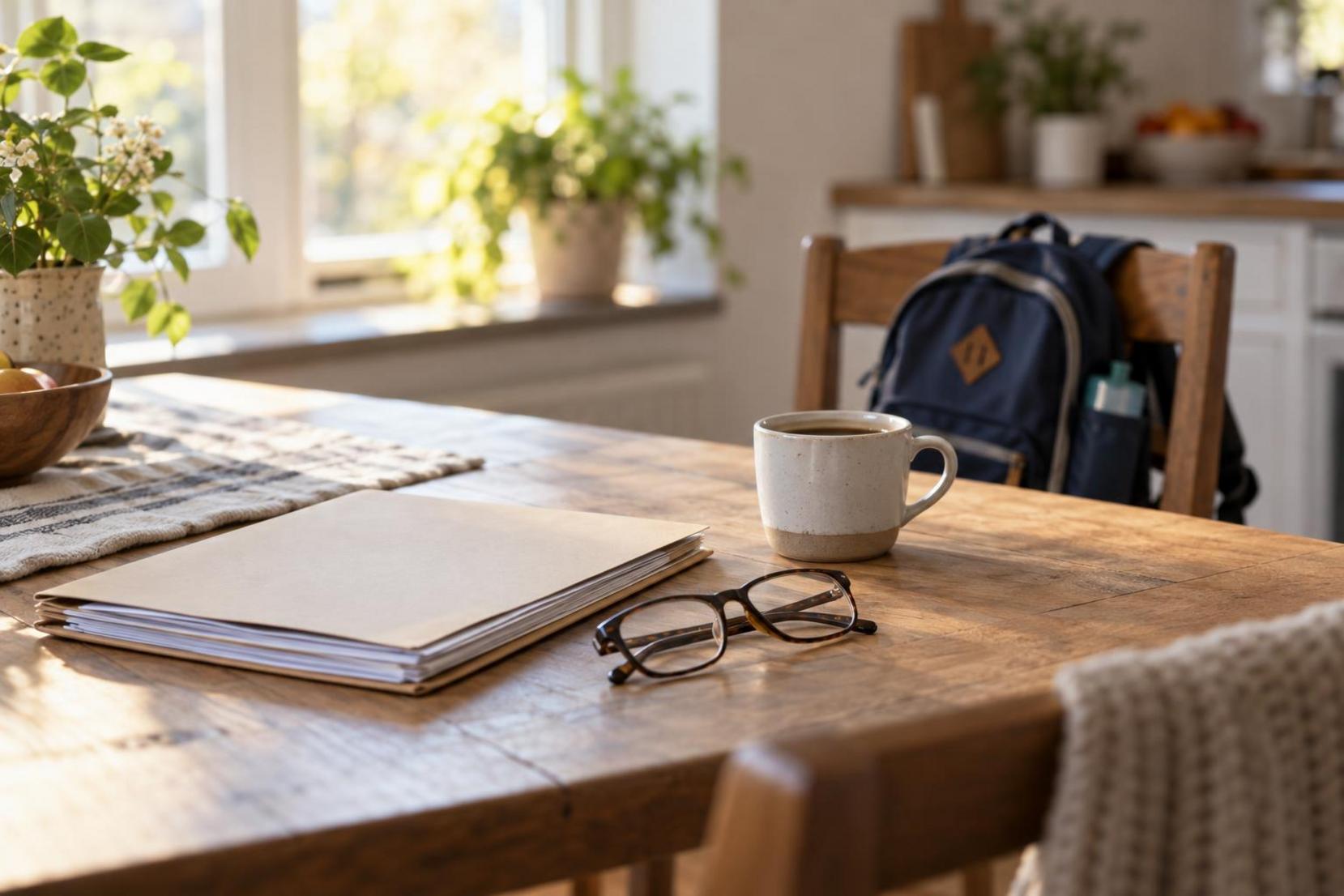 Mesa de cocina con una carpeta de documentos, gafas y café junto a una ventana con luz de mañana