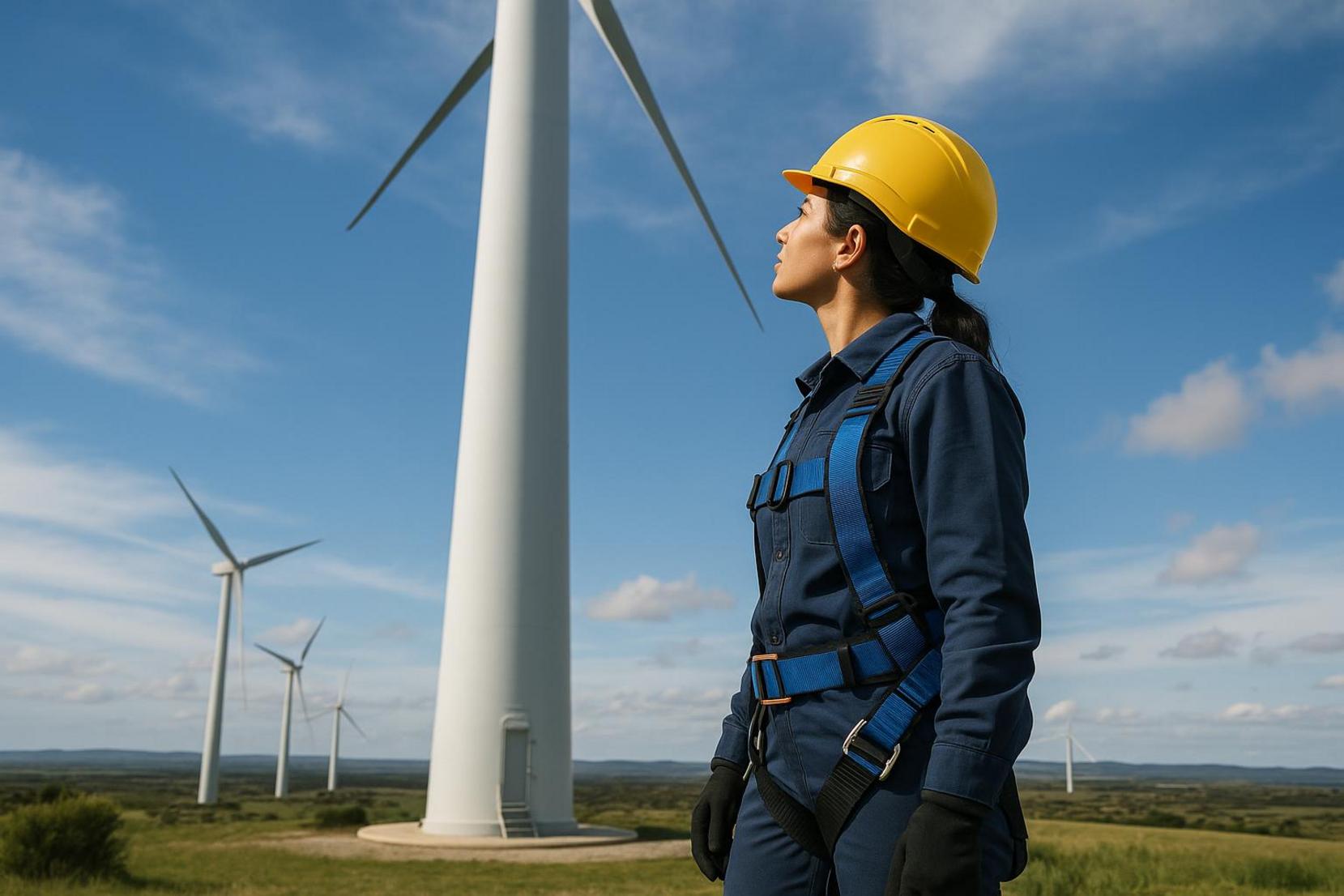 Técnica con casco y arnés junto a un aerogenerador en Aragón