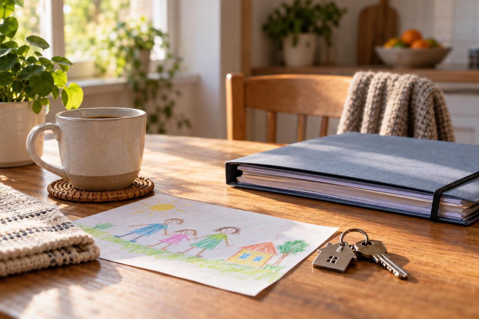 Mesa de cocina con café, llaves, dibujo infantil y carpeta cerrada