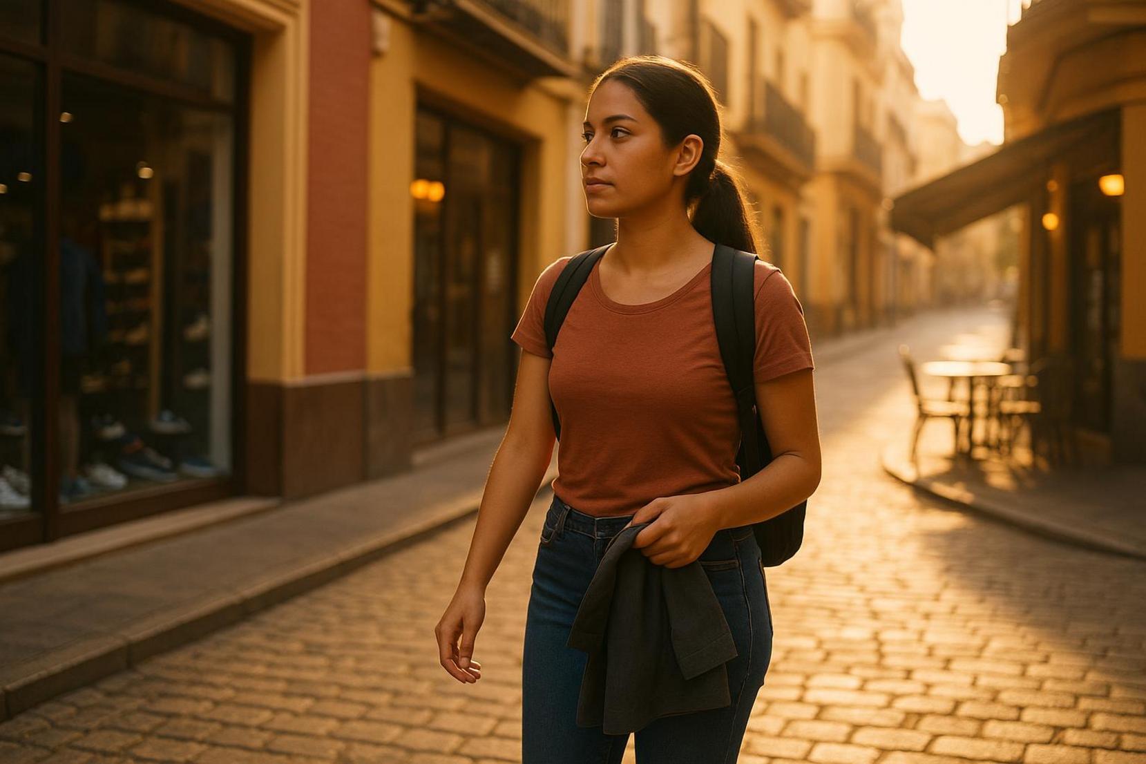 Mujer joven camina por una calle de Sevilla con mochila y delantal