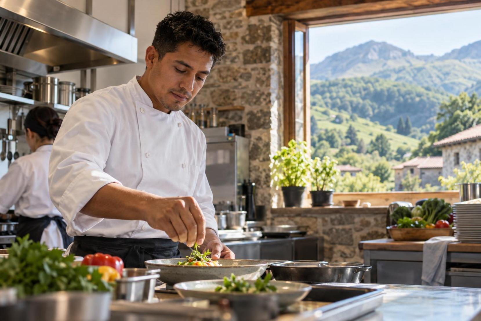 Joven cocinero en hotel rural de Asturias con montañas al fondo