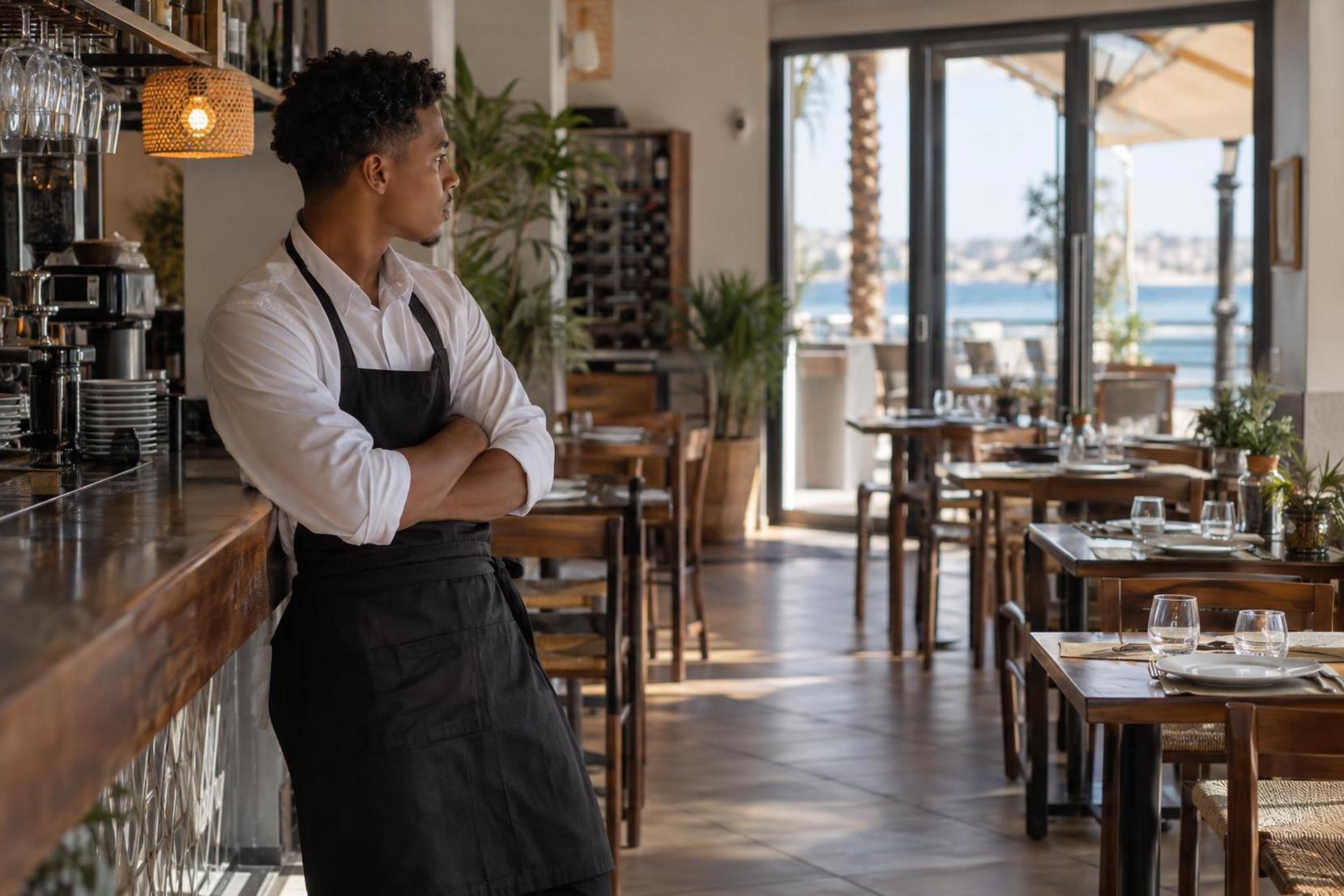 Restaurante vacío al mediodía en Málaga, mesas preparadas y camarero junto a la barra