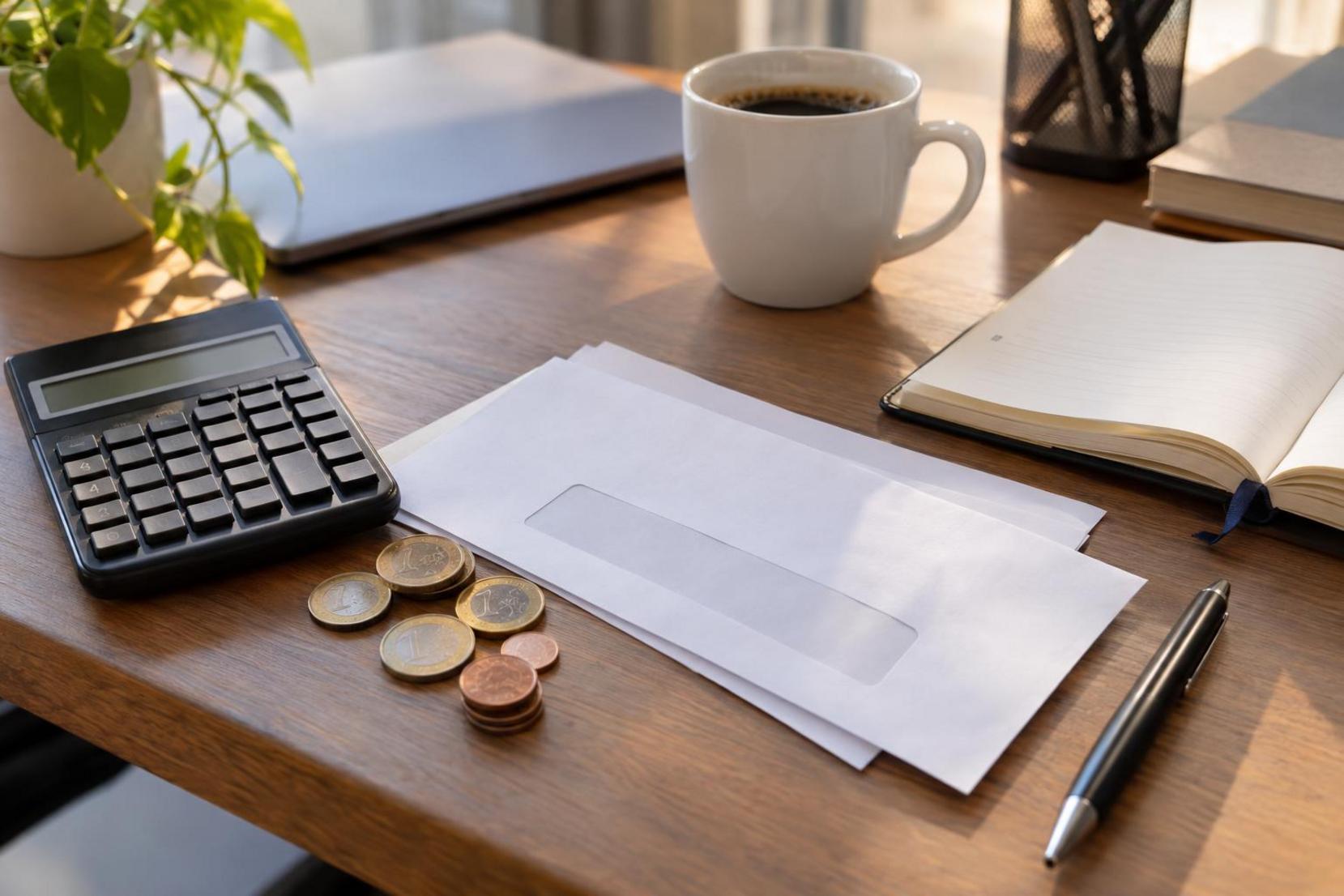 Calculadora, monedas de euro y sobre de nómina sobre mesa de trabajo