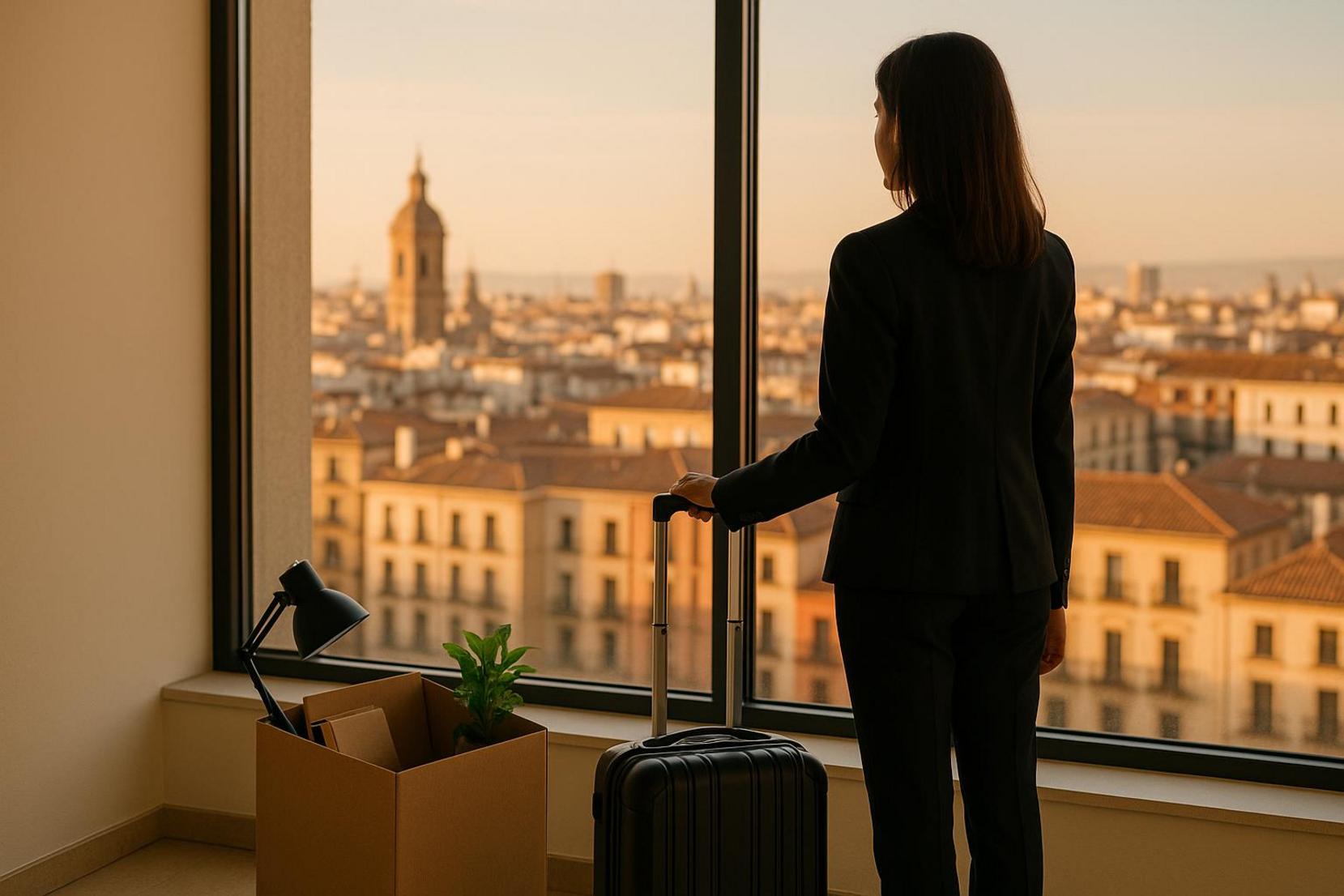 Persona trabajadora con maleta y caja de oficina ante ciudad española al atardecer